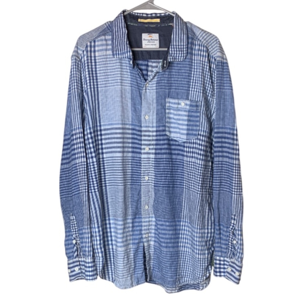 Tommy Bahama Men's 100% Linen Long Sleeve Blue Chambray Plaid Button Down- XL